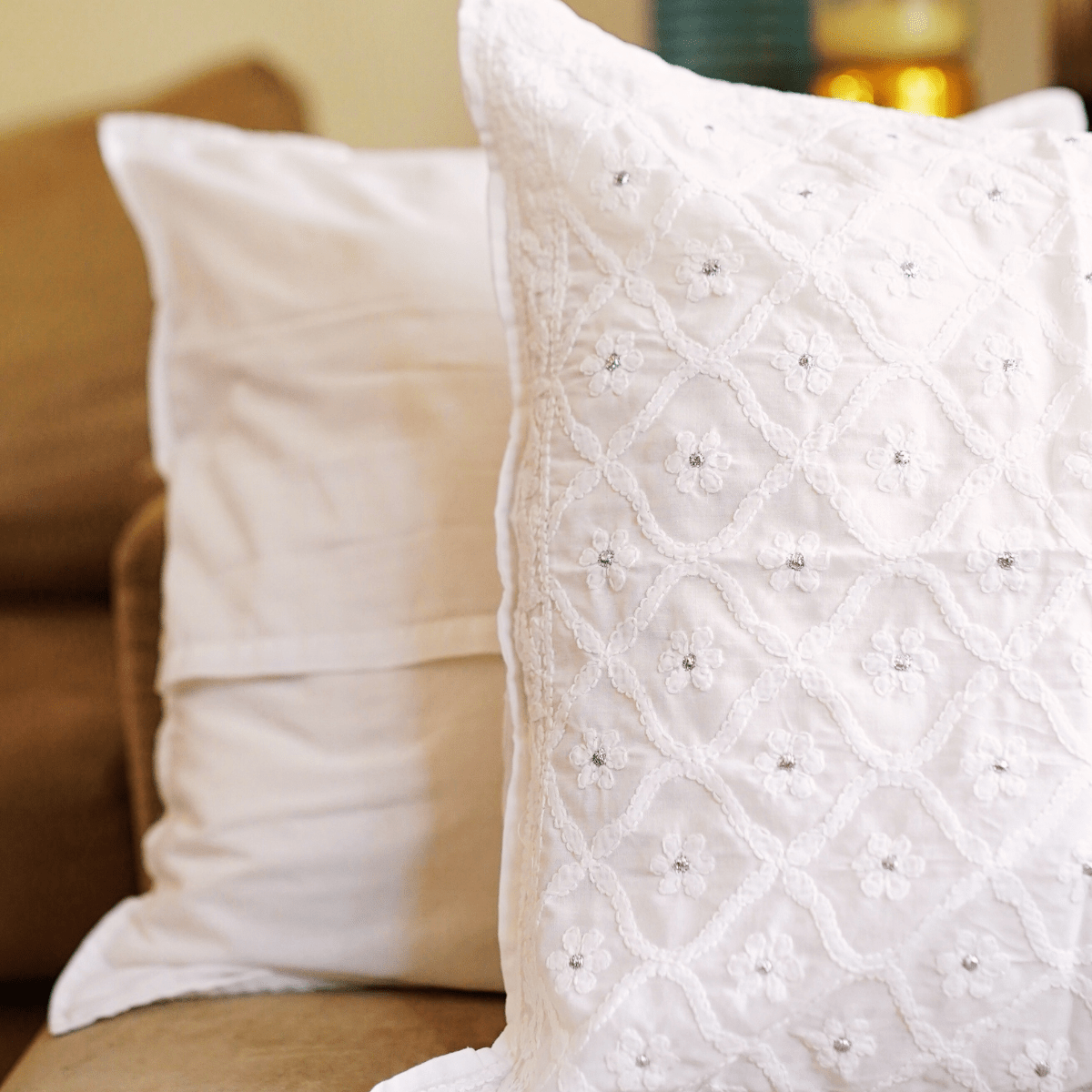Suhana White Chikankari Cushion Cover, 18" x 18", Pack of 1 - Coral Slub -